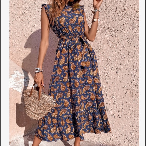 Boho Bohemian Gypsy Paisley Floral Print Cottagecore Belted Maxi Dress - Picture 6 of 8